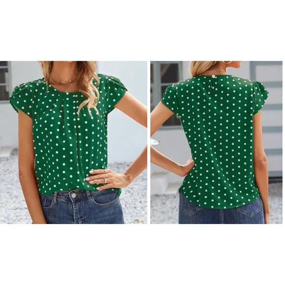 SHEIN | Tops | Shein Polka Dot Petal Sleeve Blouse Green